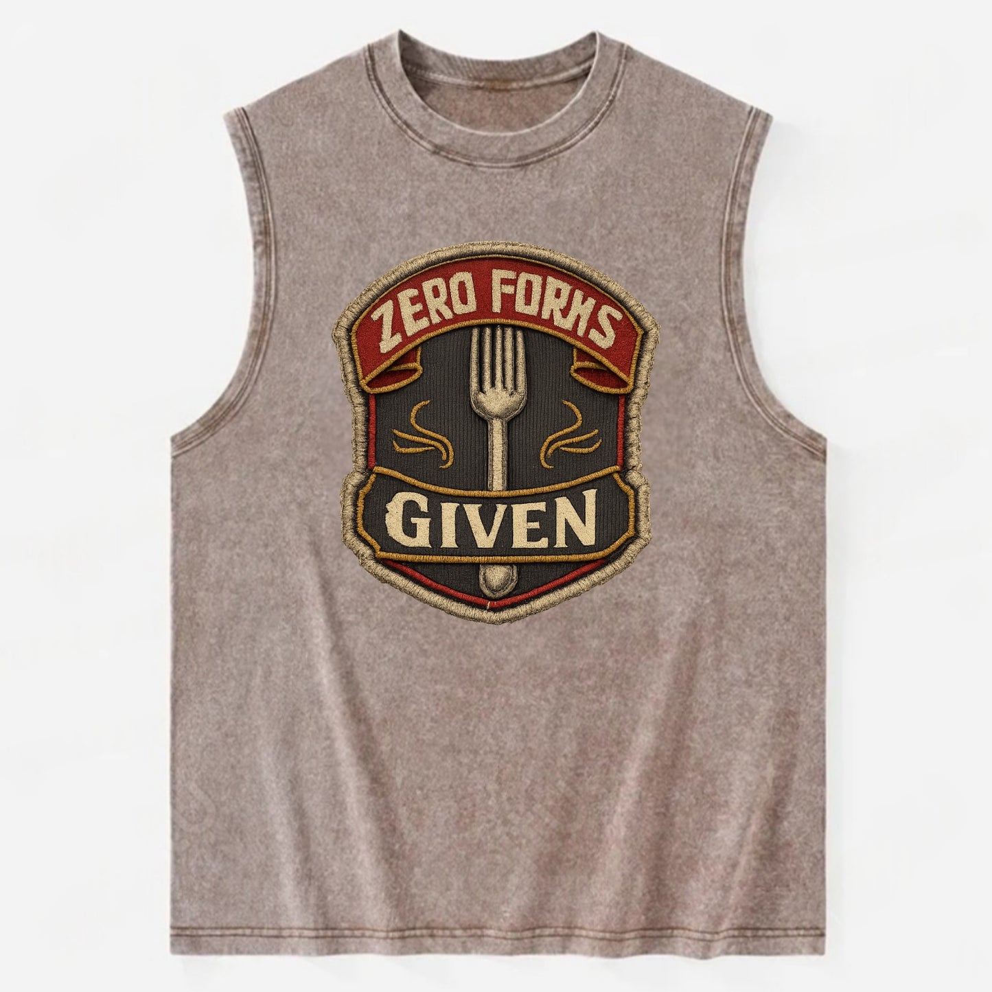 ZERO FORKS GIVEN - fork with text in silver , no cares attitude - Vintage Washed Tank - Brown