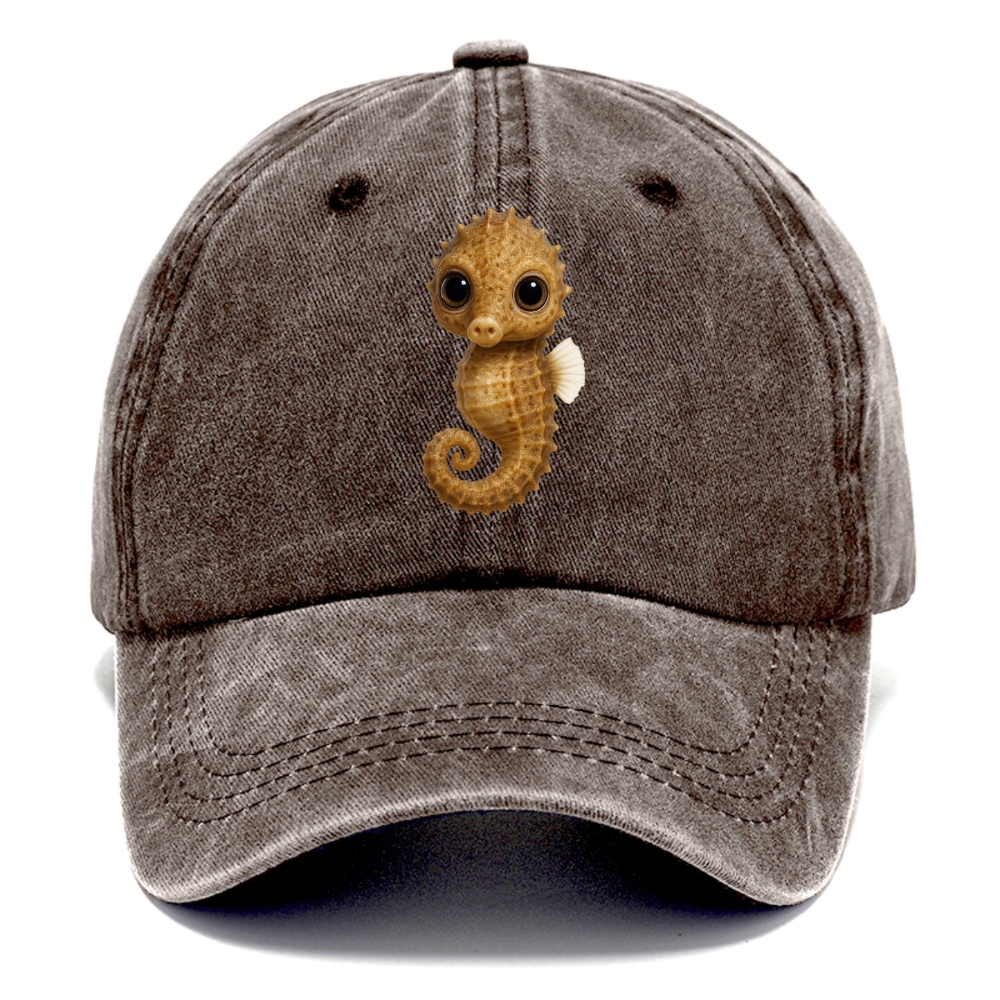 Baby Seahorse - curled tail, snout, large eyes, front-facing, delicate and cute - Classic Cap - Brown