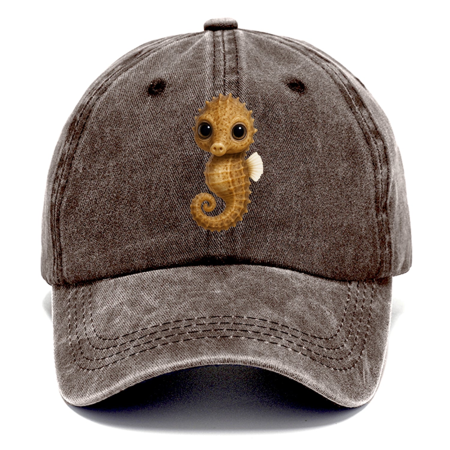 Baby Seahorse - curled tail, snout, large eyes, front-facing, delicate and cute - Classic Cap - Brown