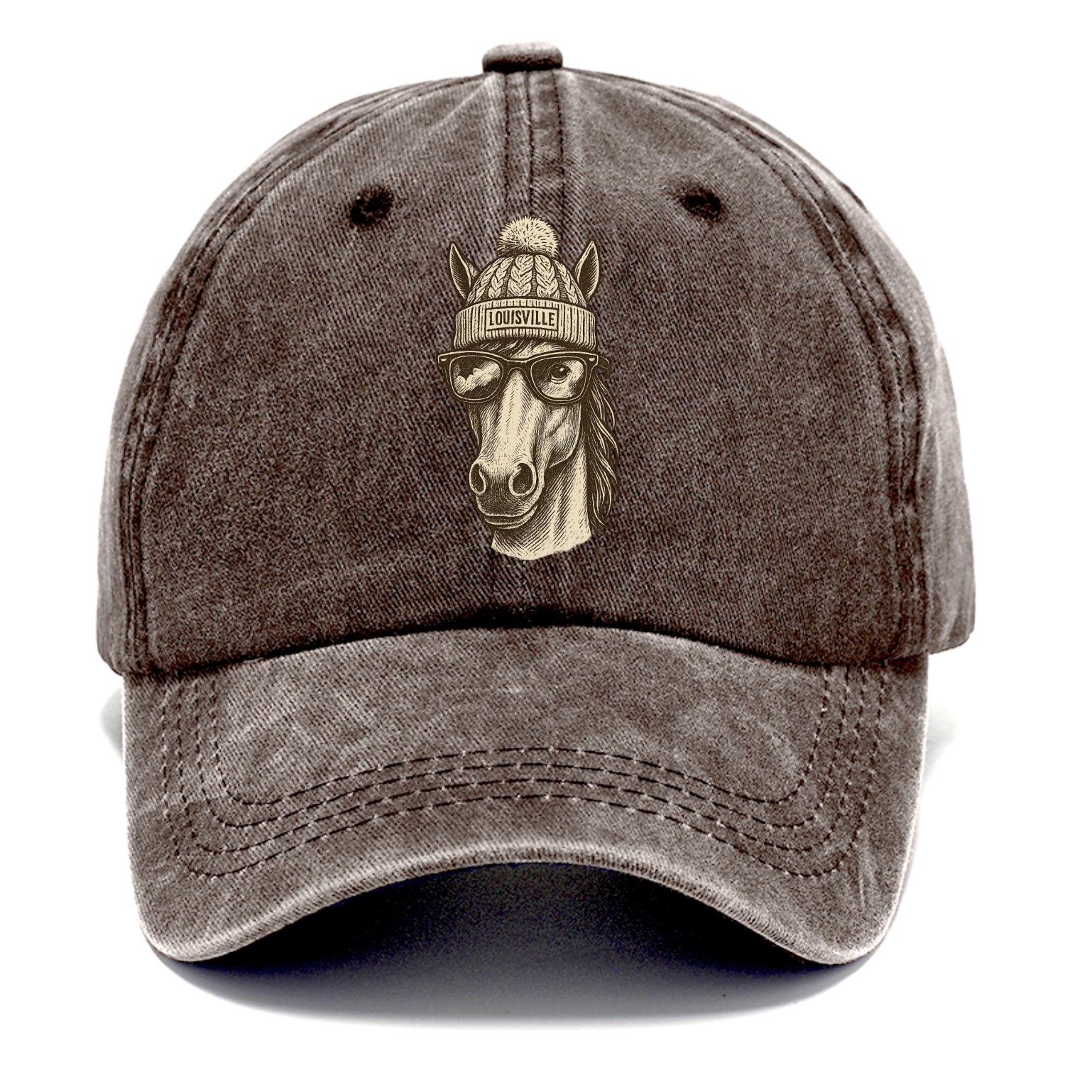 Kentucky Thoroughbred Horse wearing Louisville beanie with pom pom and wayfarer - Classic Cap - Brown