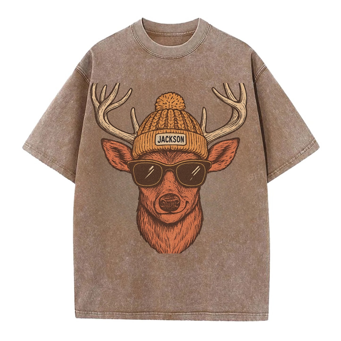 Mississippi White-tailed Deer wearing Jackson beanie with pom pom and wayfarer - Vintage T-shirt - Brown