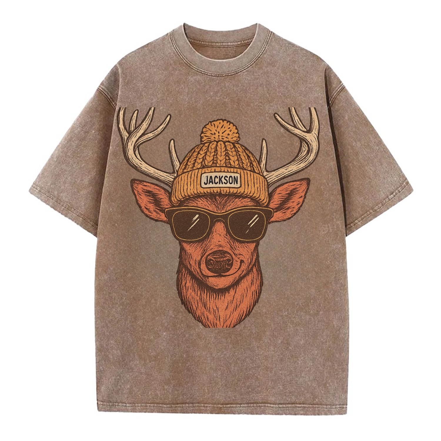 Mississippi White-tailed Deer wearing Jackson beanie with pom pom and wayfarer - Vintage T-shirt - Brown