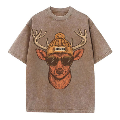 Mississippi White-tailed Deer wearing Jackson beanie with pom pom and wayfarer - Vintage T-shirt - Brown