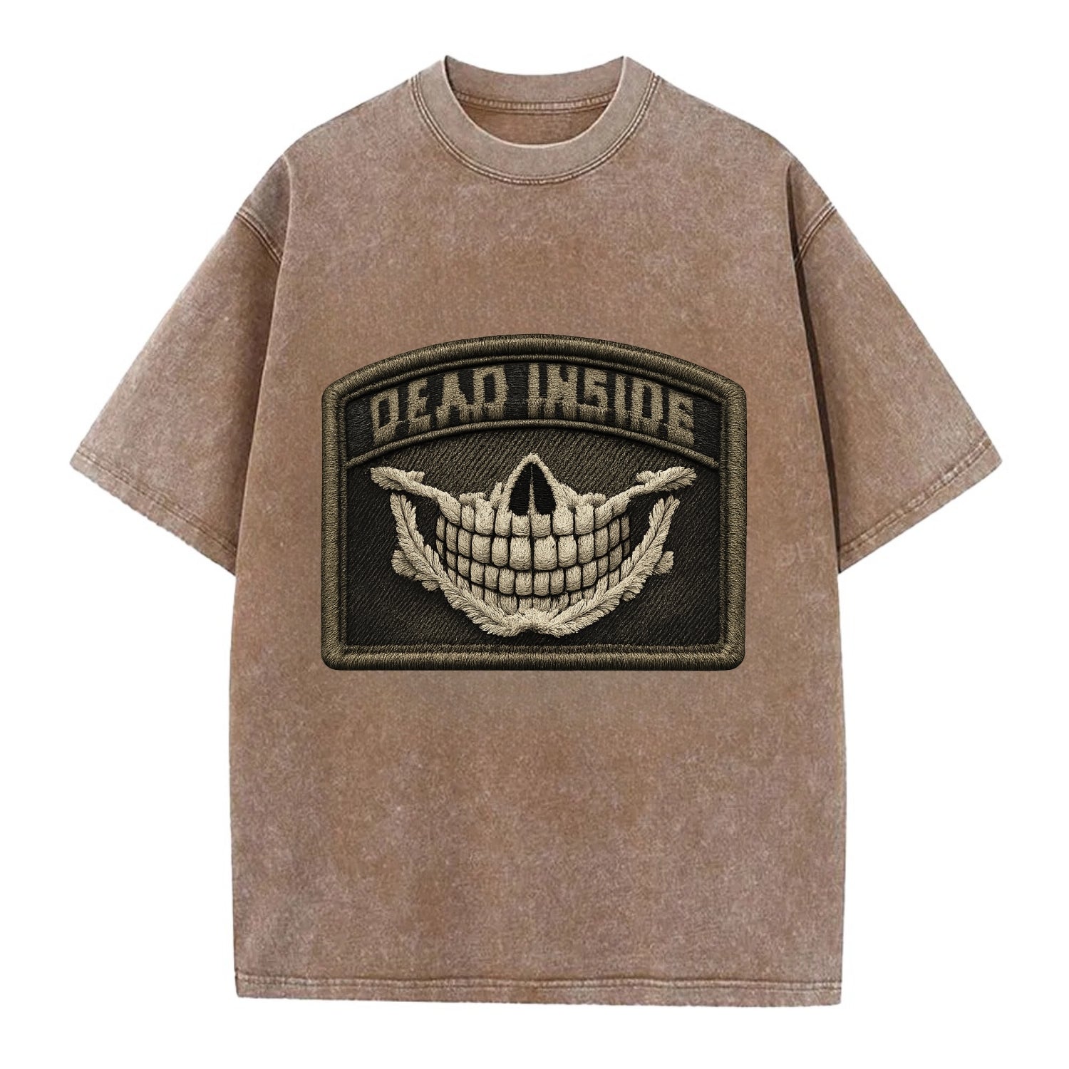 DEAD INSIDE SMILE - skeleton smile in white , dark humor - Vintage T-shirt - Brown