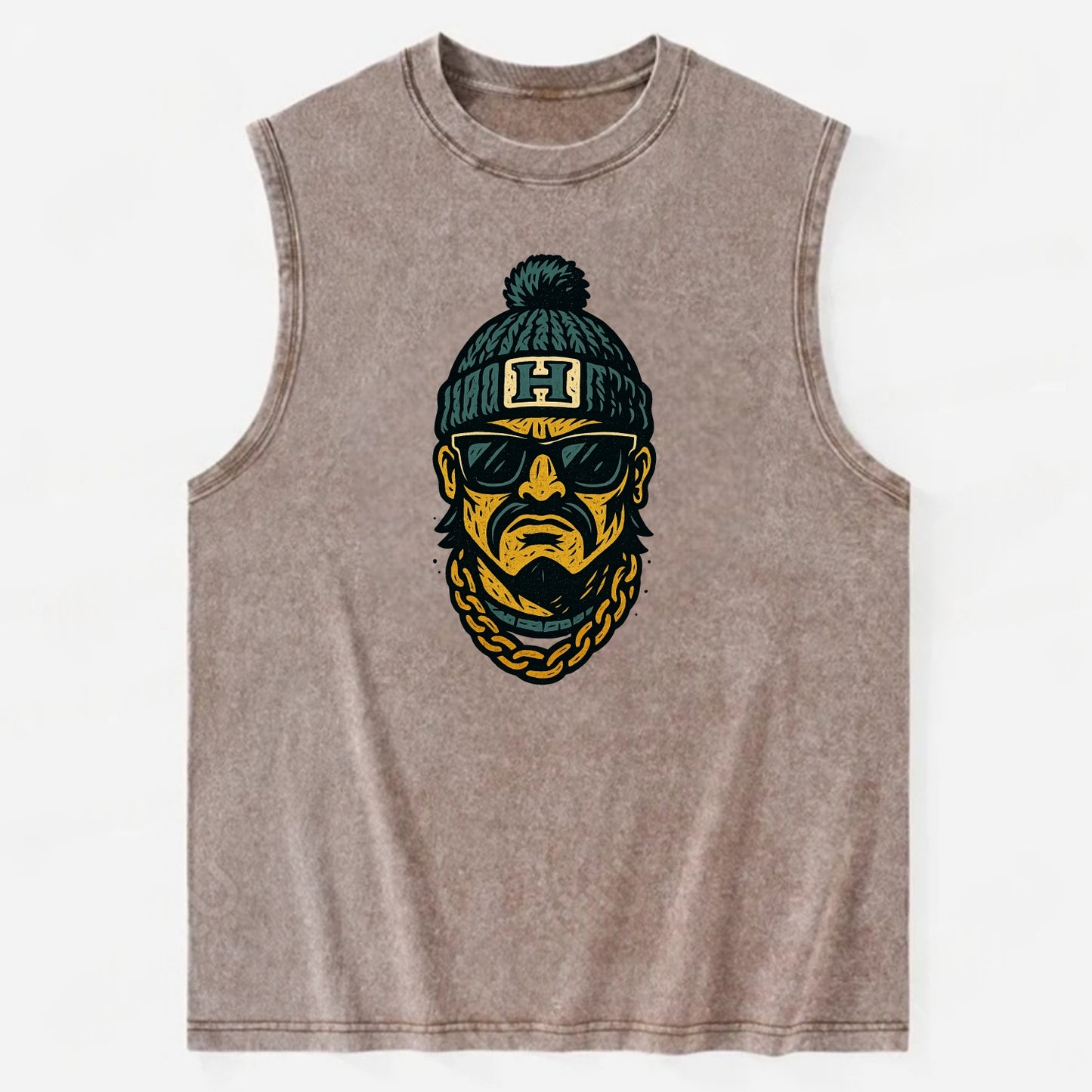 Honolulu Warrior wearing Hawaii beanie with H patch - Vintage Washed Tank - Brown