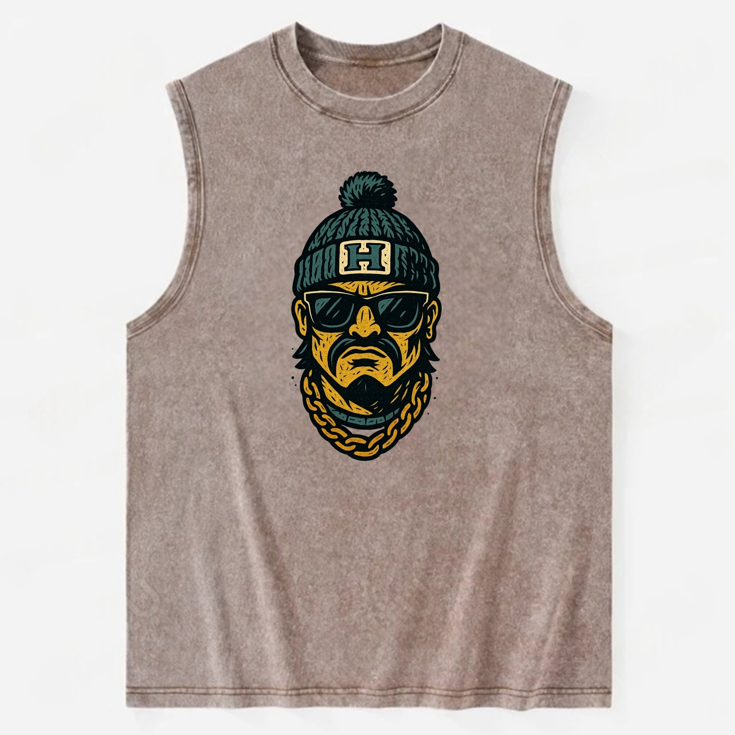 Honolulu Warrior wearing Hawaii beanie with H patch - Vintage Washed Tank - Brown