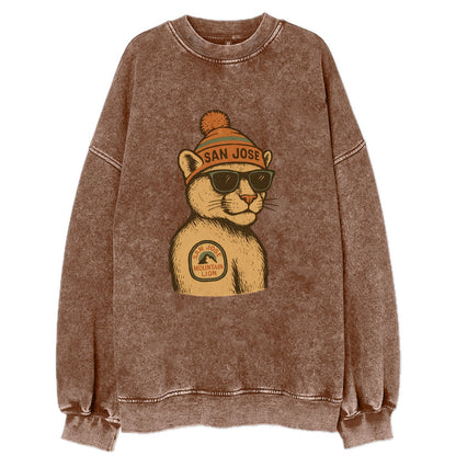 San Jose Mountain Lion wearing San Jose beanie with pom pom and wayfarer - Vintage Sweatshirt - Brown