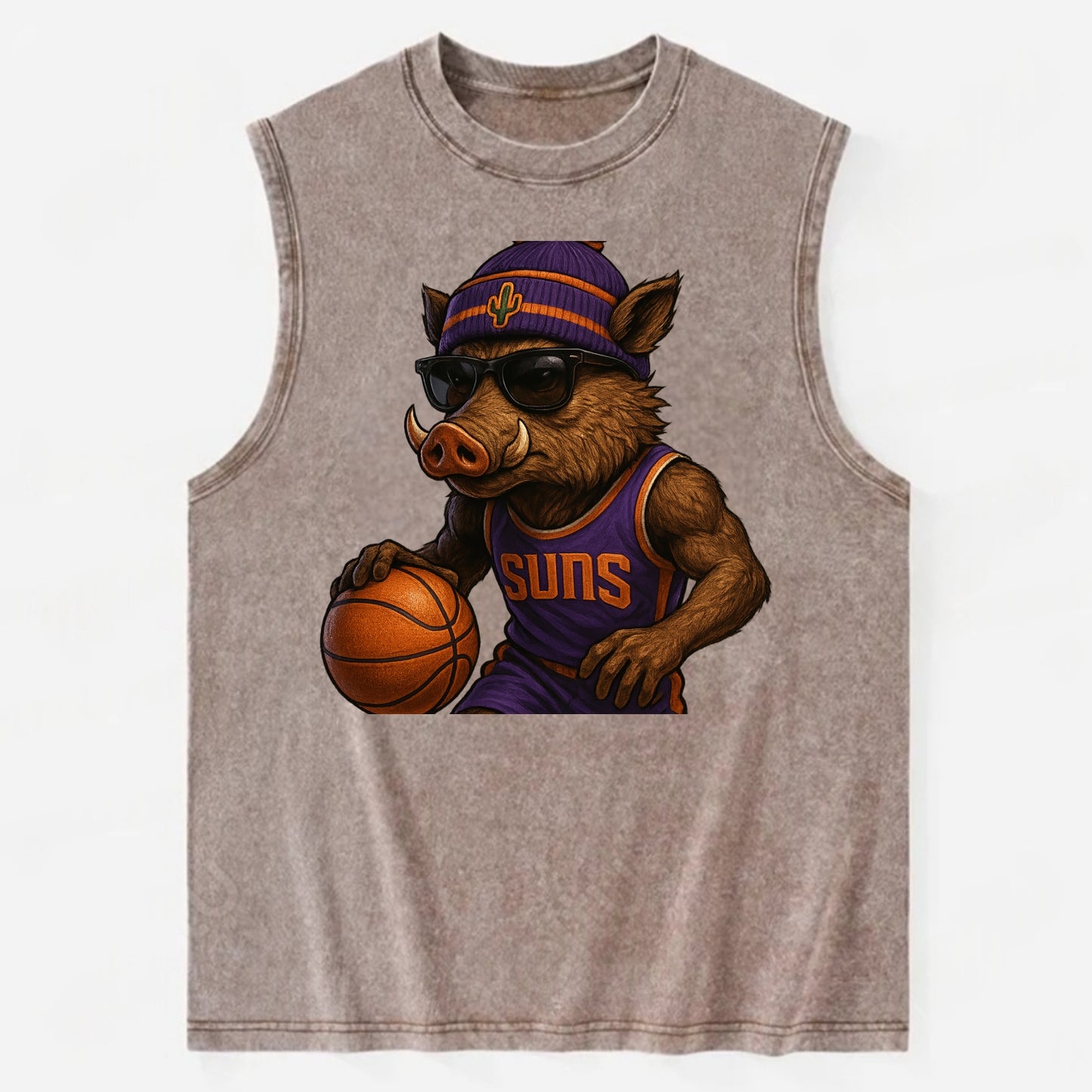 Phoenix Javelina wearing Suns beanie with cactus patch and wayfarer sunglasses - Vintage Washed Tank - Brown