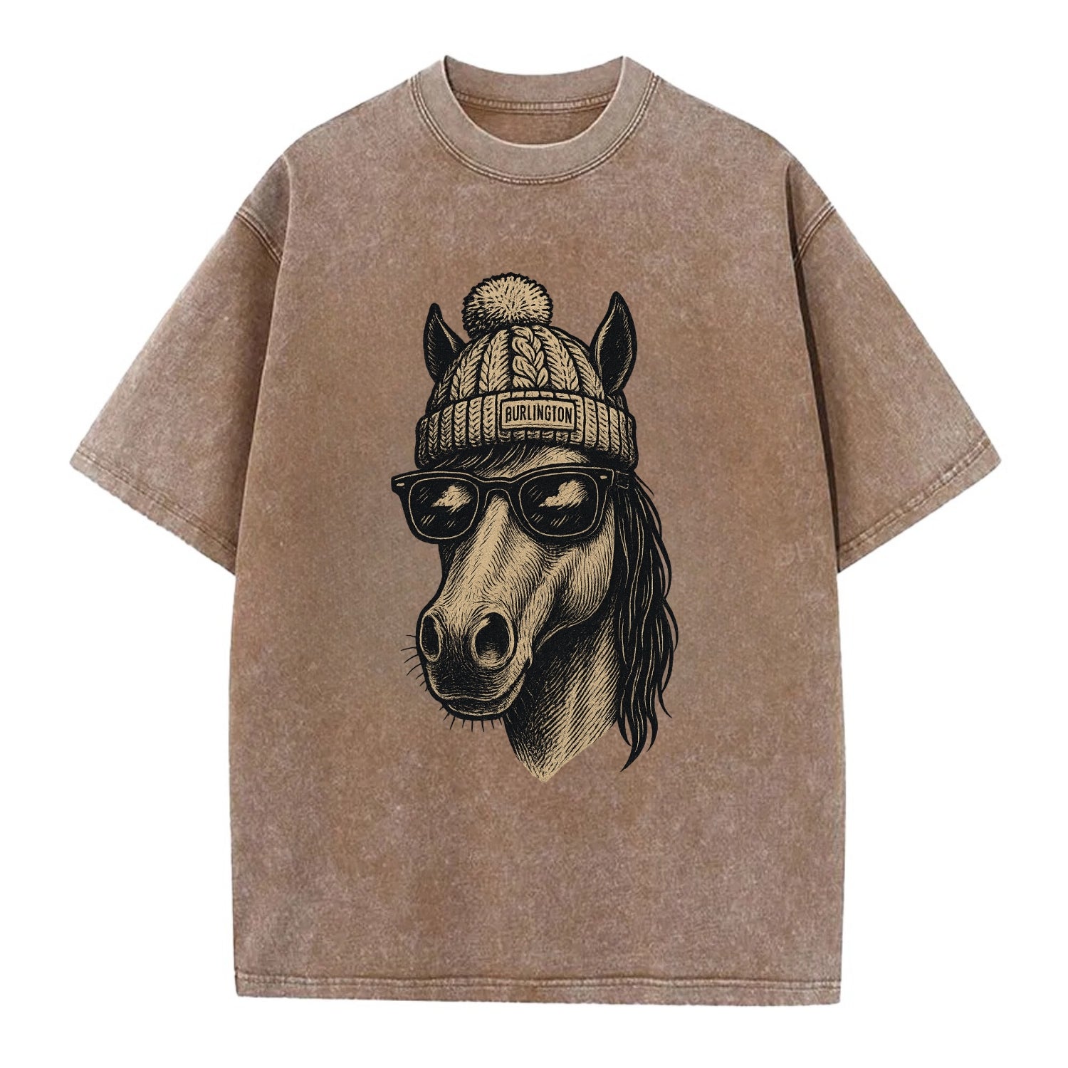 Vermont Morgan Horse wearing Burlington beanie with pom pom and wayfarer - Vintage T-shirt - Brown