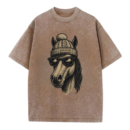 Vermont Morgan Horse wearing Burlington beanie with pom pom and wayfarer - Vintage T-shirt - Brown