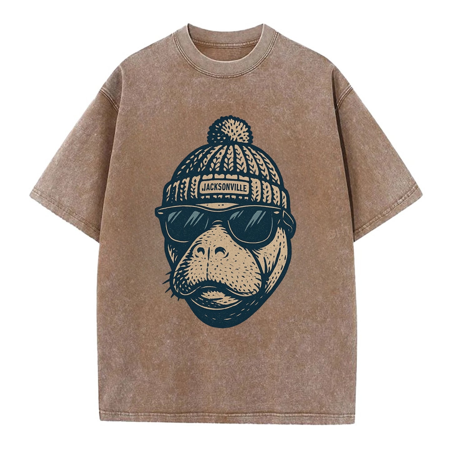Jacksonville Manatee wearing Jacksonville beanie with pom pom and wayfarer - Vintage T-shirt - Brown