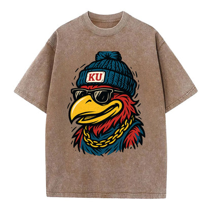 Lawrence Jayhawk wearing Kansas beanie with KU patch - Vintage T-shirt - Brown