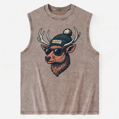 Flagstaff Elk wearing Flagstaff beanie with pom pom and wayfarer sunglasses - Vintage Washed Tank - Brown