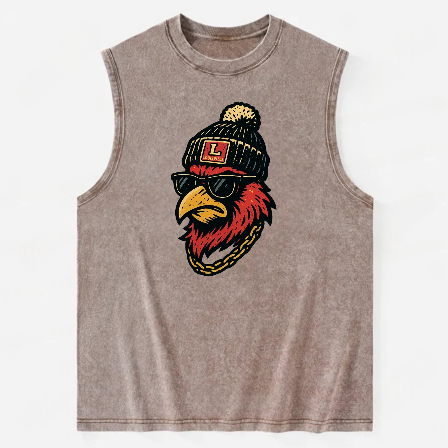 Louisville Cardinal wearing Louisville beanie with L patch - Vintage Washed Tank - Brown
