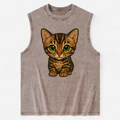 Baby Bengal Kitten - spotted/marbled wild coat, green eyes, athletic build, - Vintage Washed Tank - Brown