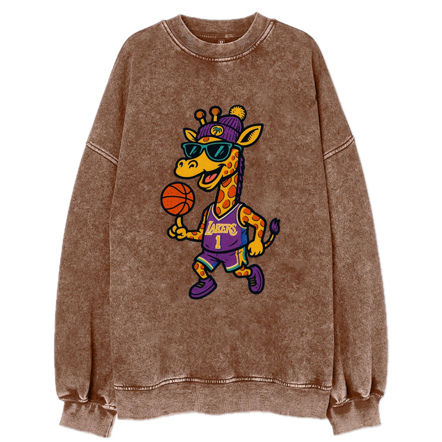 California Giraffe wearing Lakers beanie with palm tree patch and wayfarer - Vintage Sweatshirt - Brown