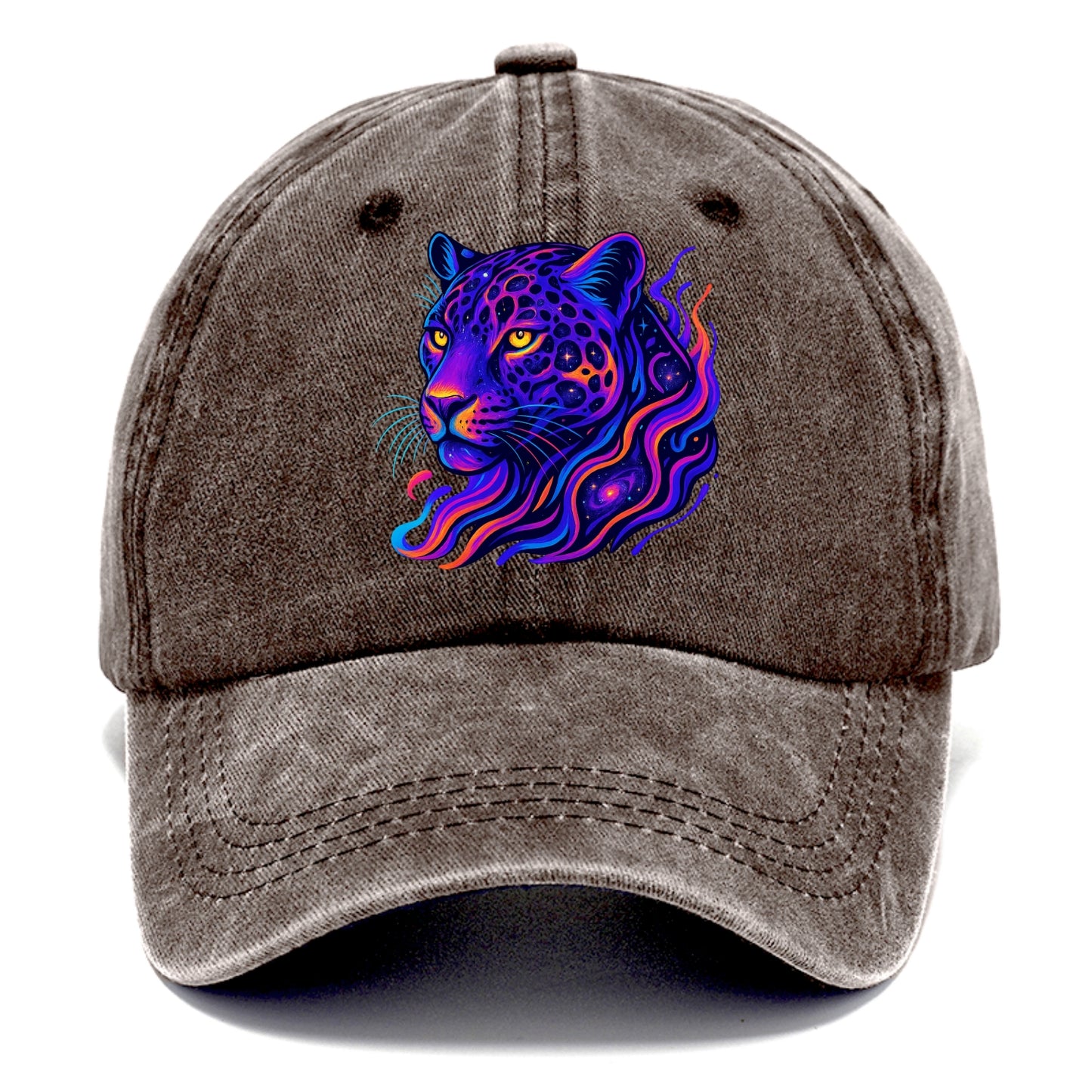 Powerful jaguar with rosettes containing miniature galaxies, cosmic purple and orange - Classic Cap - Brown