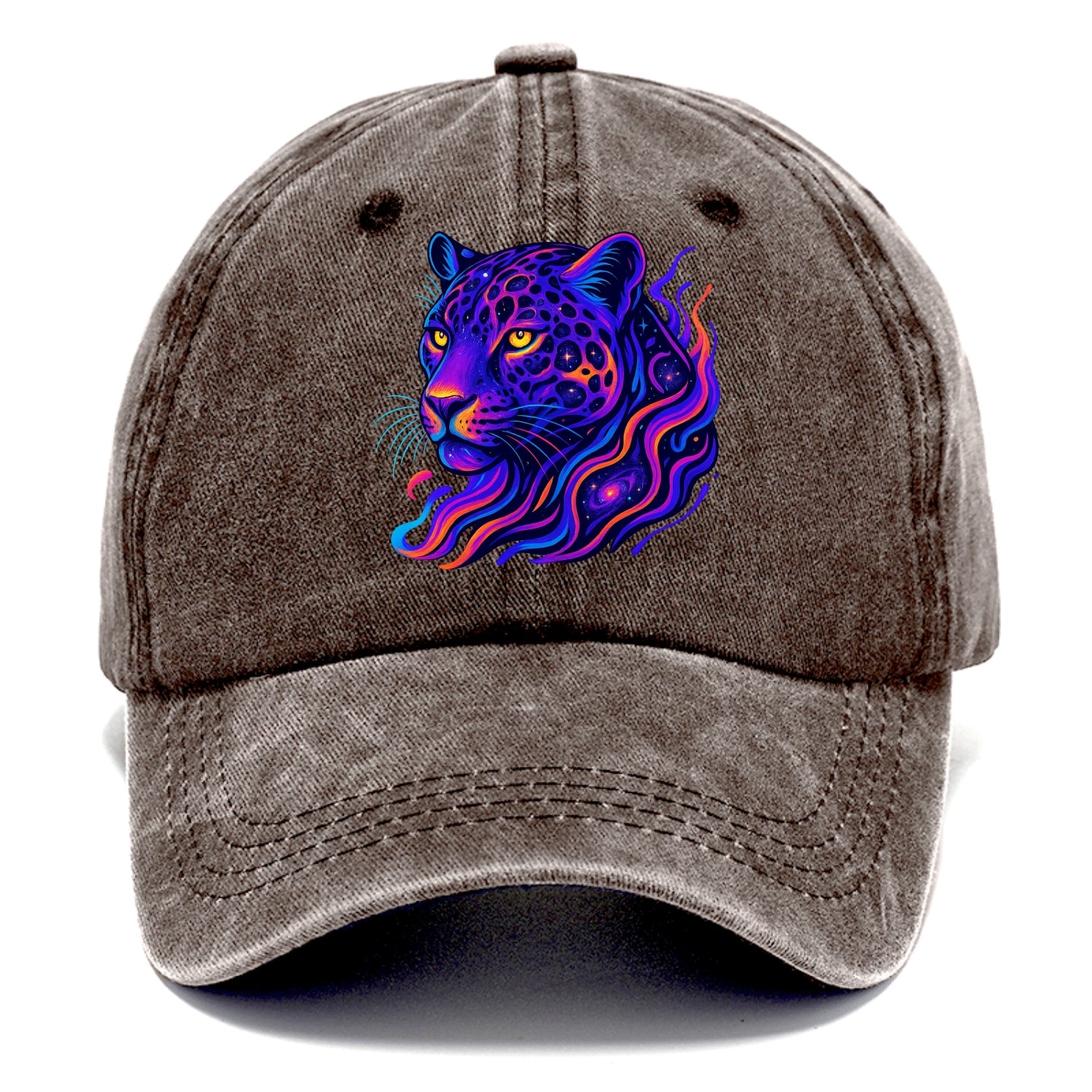 Powerful jaguar with rosettes containing miniature galaxies, cosmic purple and orange - Classic Cap - Brown