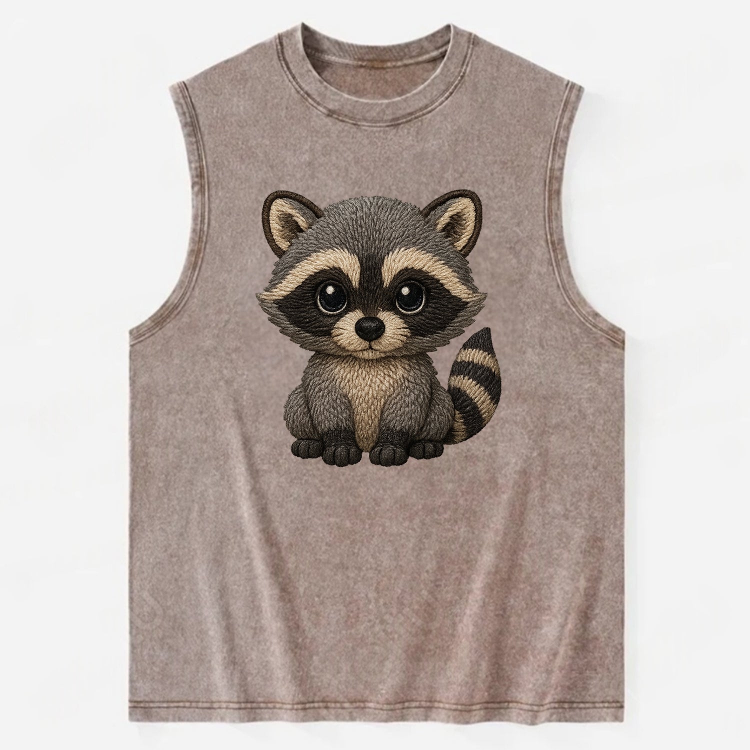 Baby Raccoon - gray fur, black mask, ringed tail, bright curious eyes, - Vintage Washed Tank - Brown