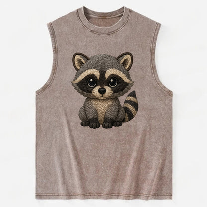 Baby Raccoon - gray fur, black mask, ringed tail, bright curious eyes, - Vintage Washed Tank - Brown