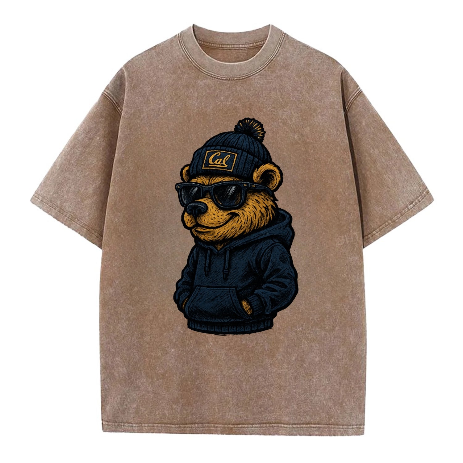 Berkeley Bear wearing Cal beanie with script patch - Vintage T-shirt - Brown