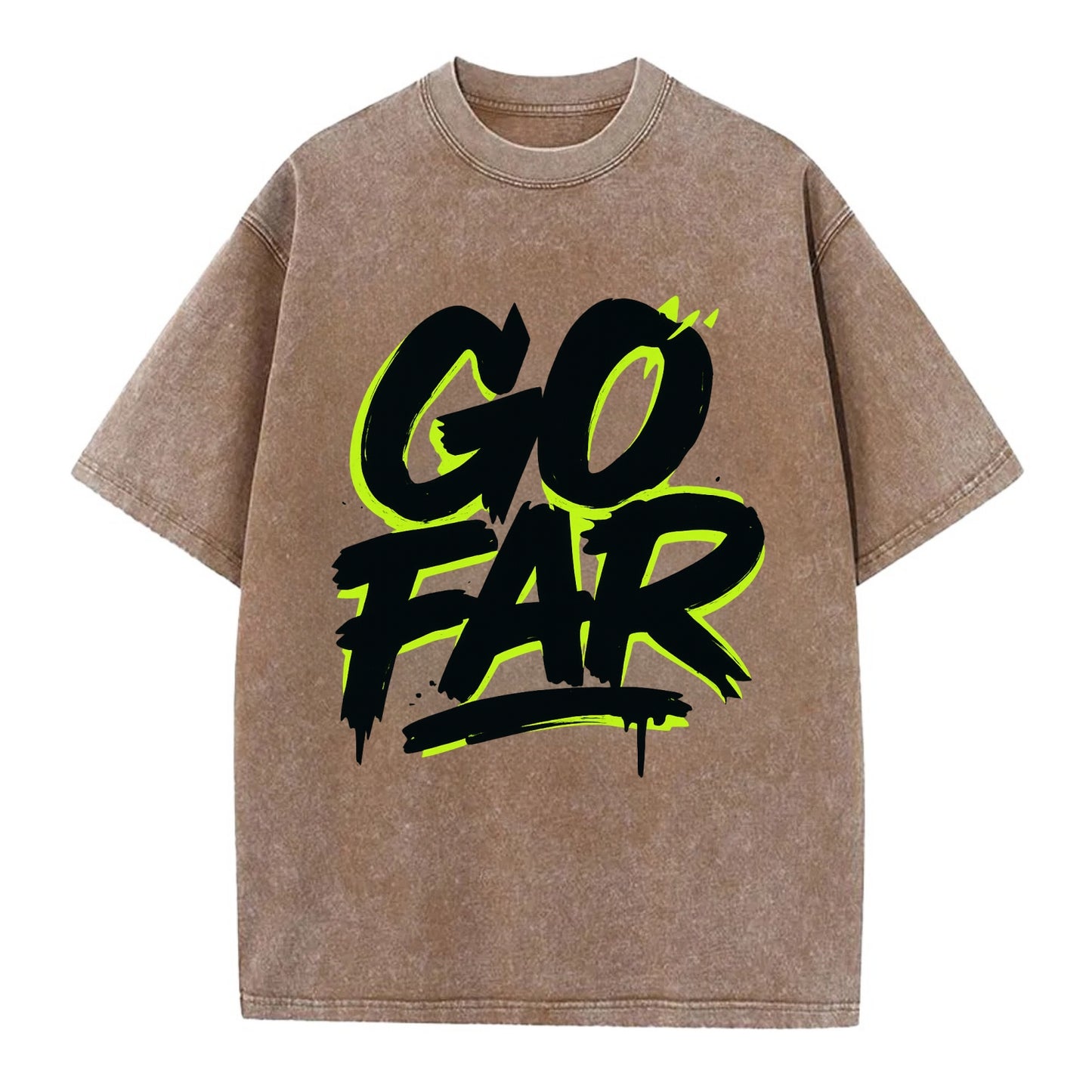 Bold typography design - "GO FAR" - distance goals, pushing limits - Vintage T-shirt - Brown