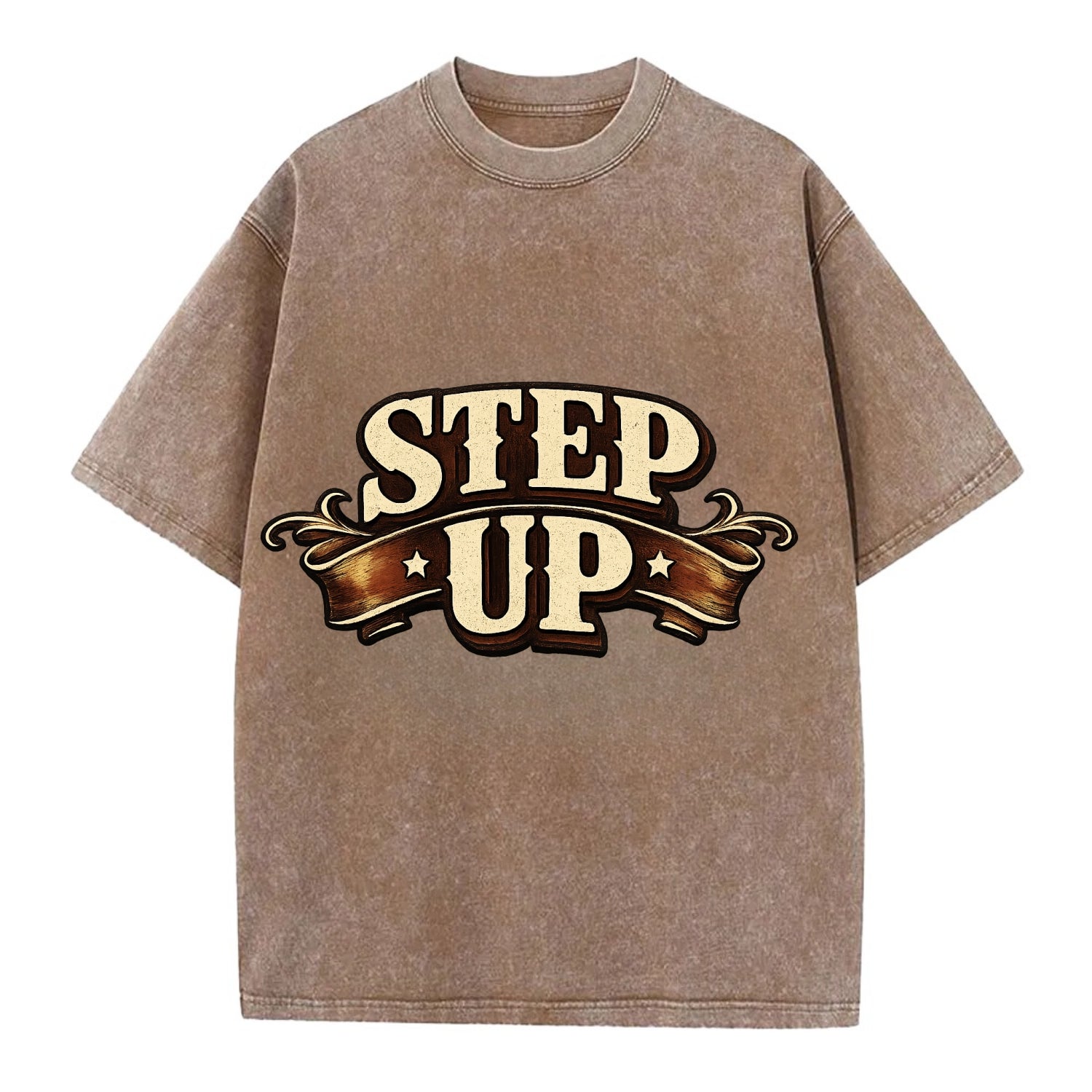 Bold typography design - "STEP UP" - rise to occasion, take charge - Vintage T-shirt - Brown