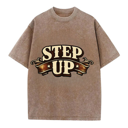 Bold typography design - "STEP UP" - rise to occasion, take charge - Vintage T-shirt - Brown