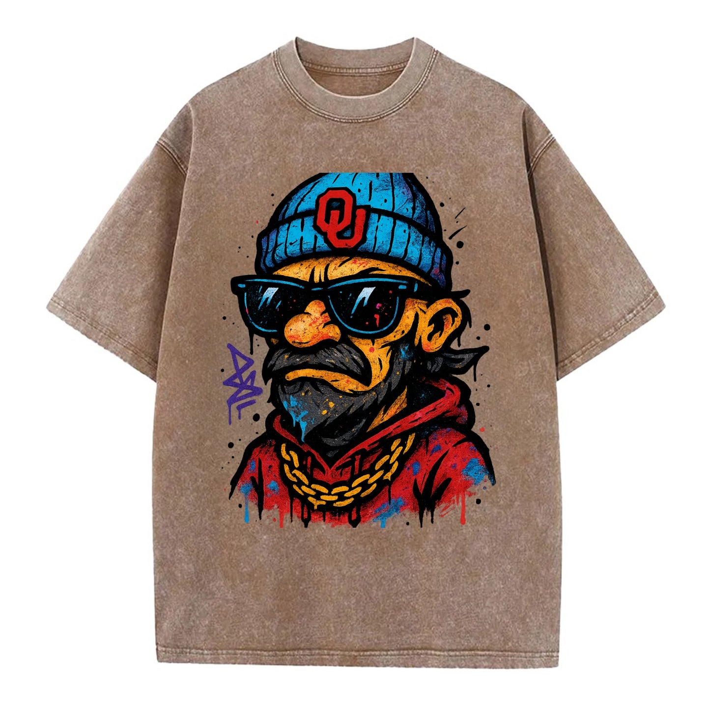 Norman Sooner wearing Oklahoma beanie with OU patch - Vintage T-shirt - Brown
