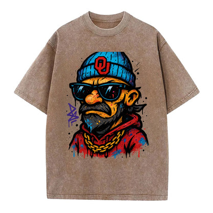 Norman Sooner wearing Oklahoma beanie with OU patch - Vintage T-shirt - Brown