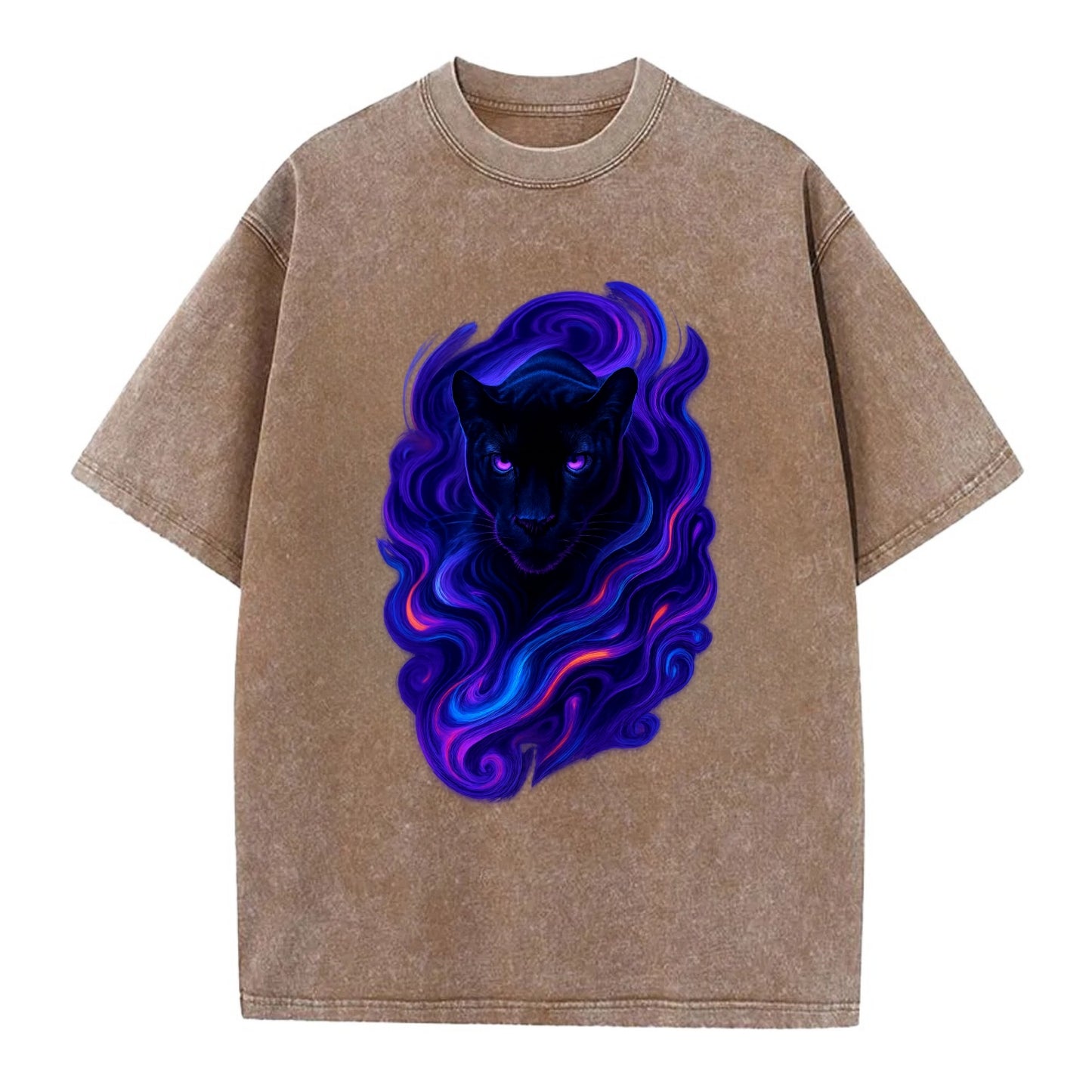 Sleek black panther emerging from swirls of deep purple and electric blue, - Vintage T-shirt - Brown
