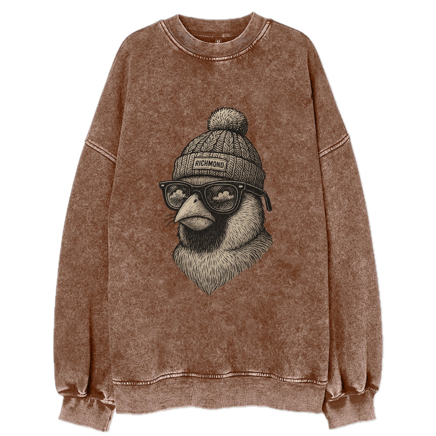 Virginia Cardinal wearing Richmond beanie with pom pom and wayfarer sunglasses - Vintage Sweatshirt - Brown