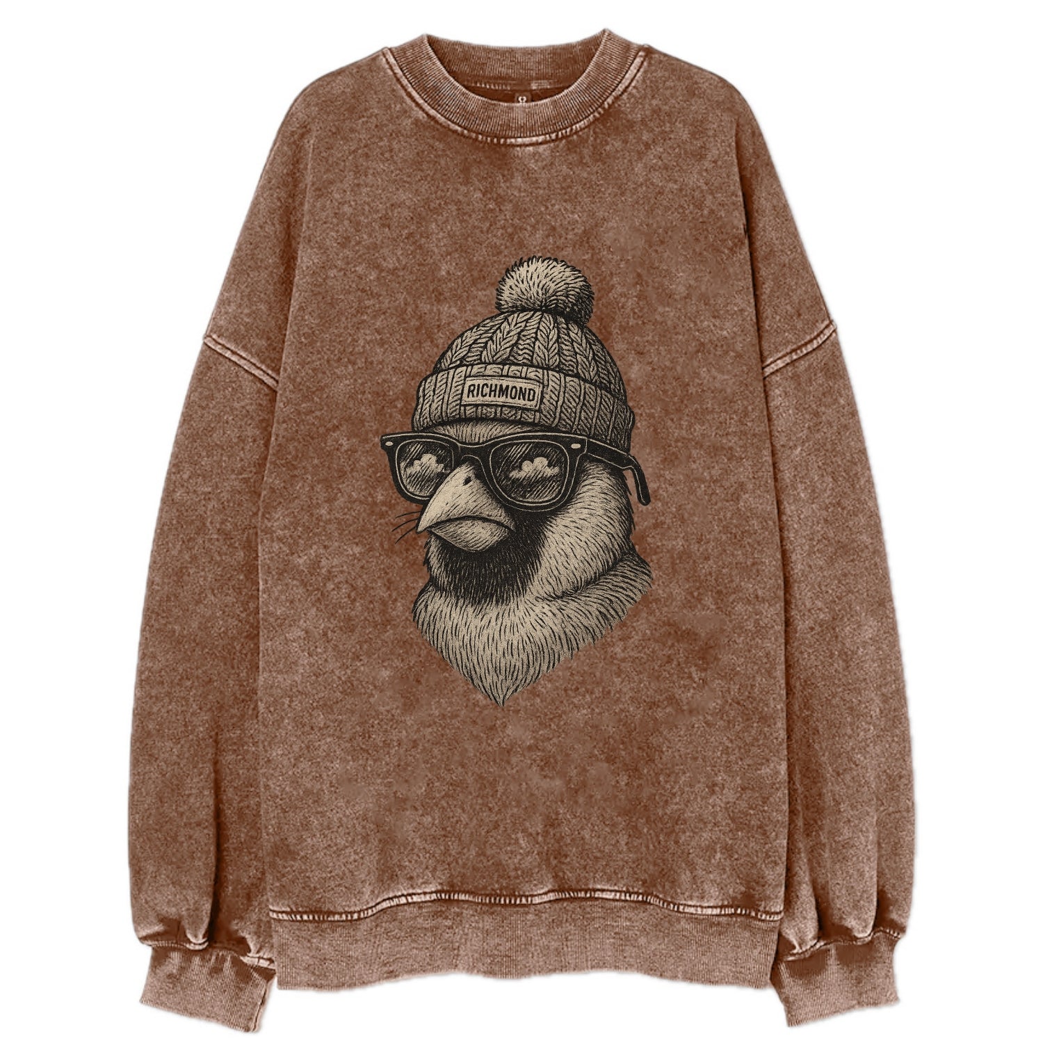 Virginia Cardinal wearing Richmond beanie with pom pom and wayfarer sunglasses - Vintage Sweatshirt - Brown