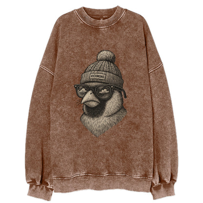 Virginia Cardinal wearing Richmond beanie with pom pom and wayfarer sunglasses - Vintage Sweatshirt - Brown