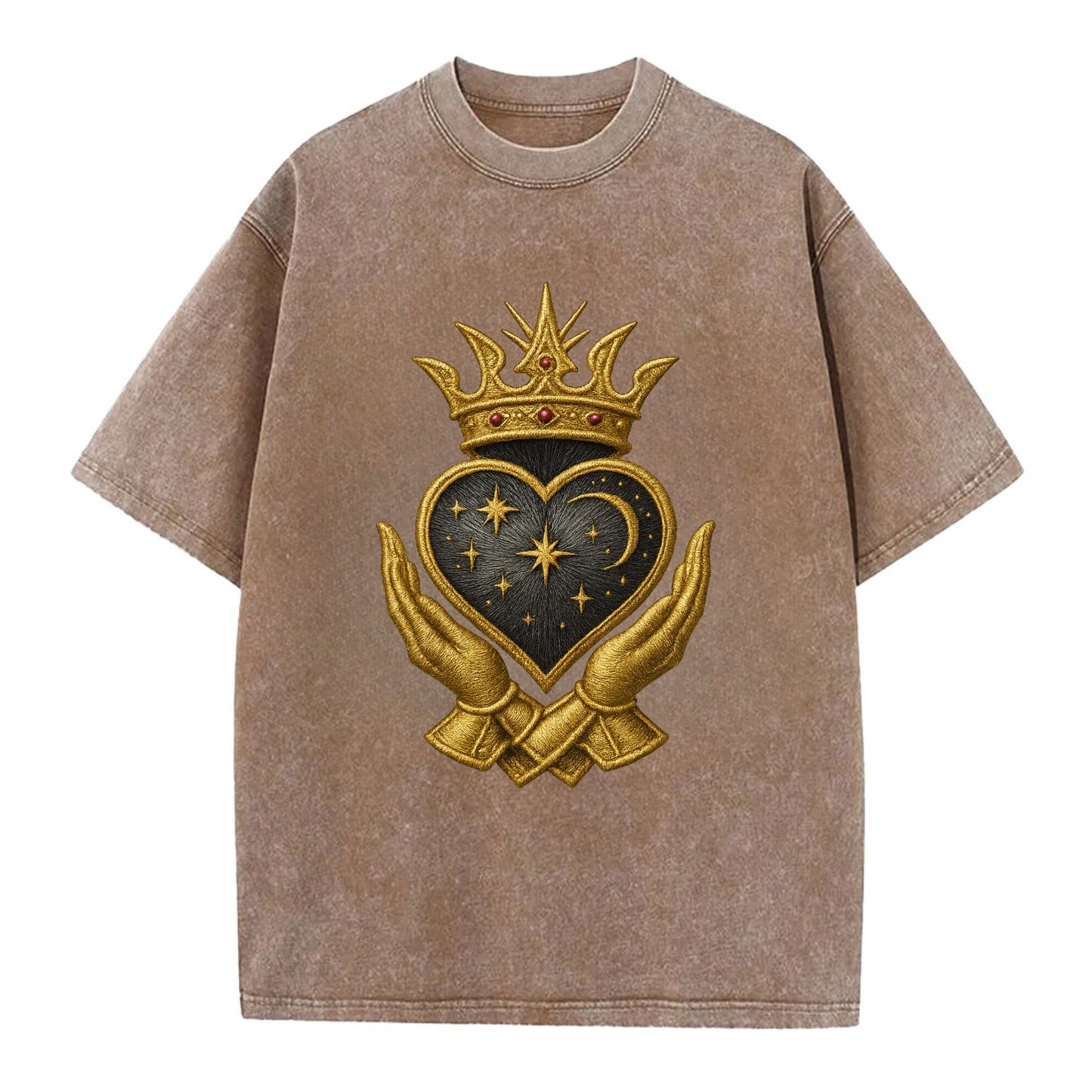 Hammered bronze warrior crown anchoring a dark steel heart with shield-bearing - Vintage T-shirt - Brown