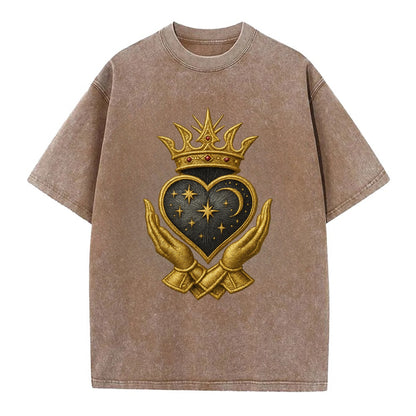 Hammered bronze warrior crown anchoring a dark steel heart with shield-bearing - Vintage T-shirt - Brown