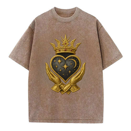 Hammered bronze warrior crown anchoring a dark steel heart with shield-bearing - Vintage T-shirt