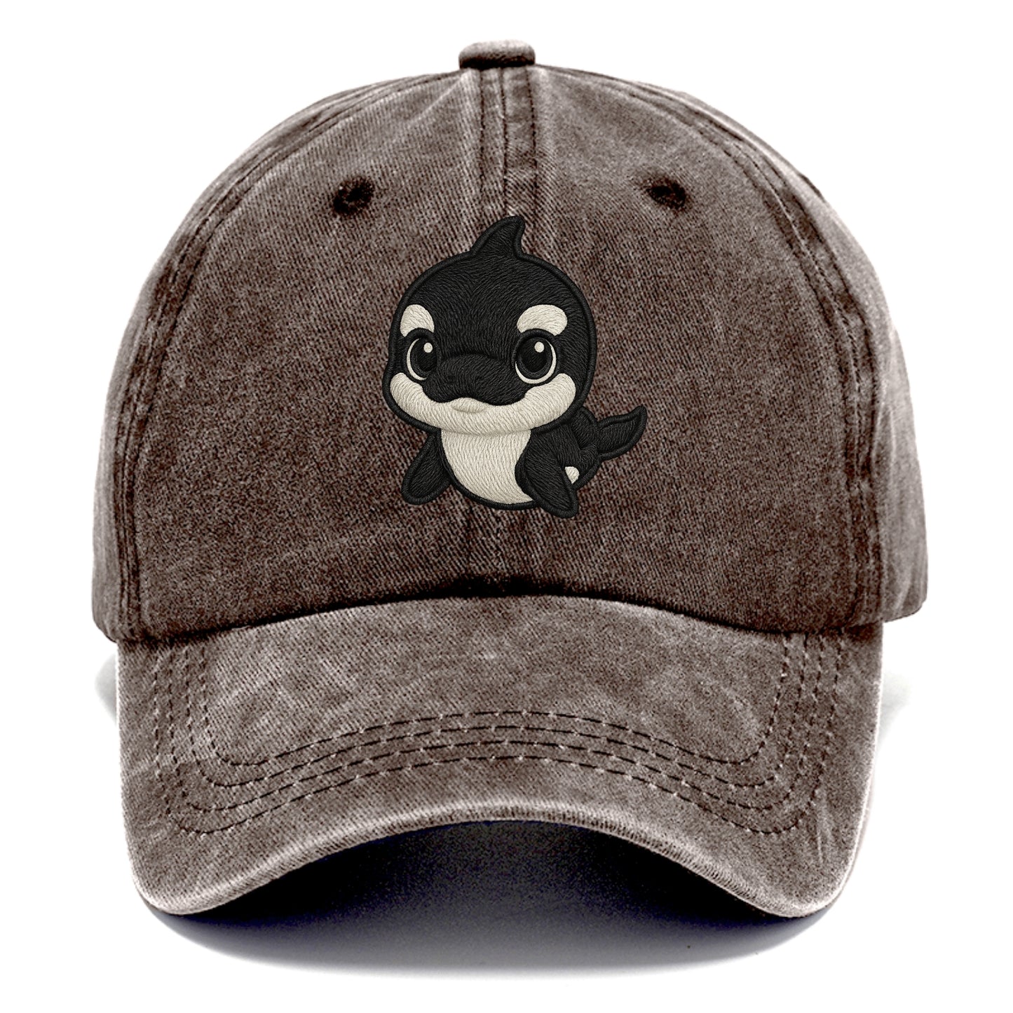 Baby Orca - black and white pattern, white eye patch, front-facing, curious and - Classic Cap - Brown
