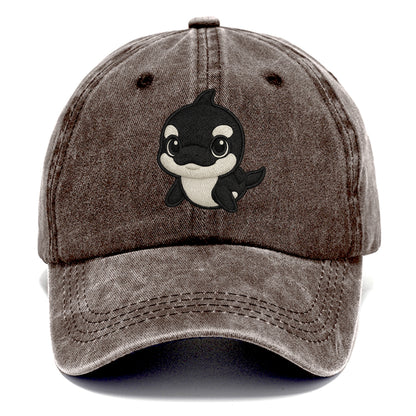 Baby Orca - black and white pattern, white eye patch, front-facing, curious and - Classic Cap - Brown
