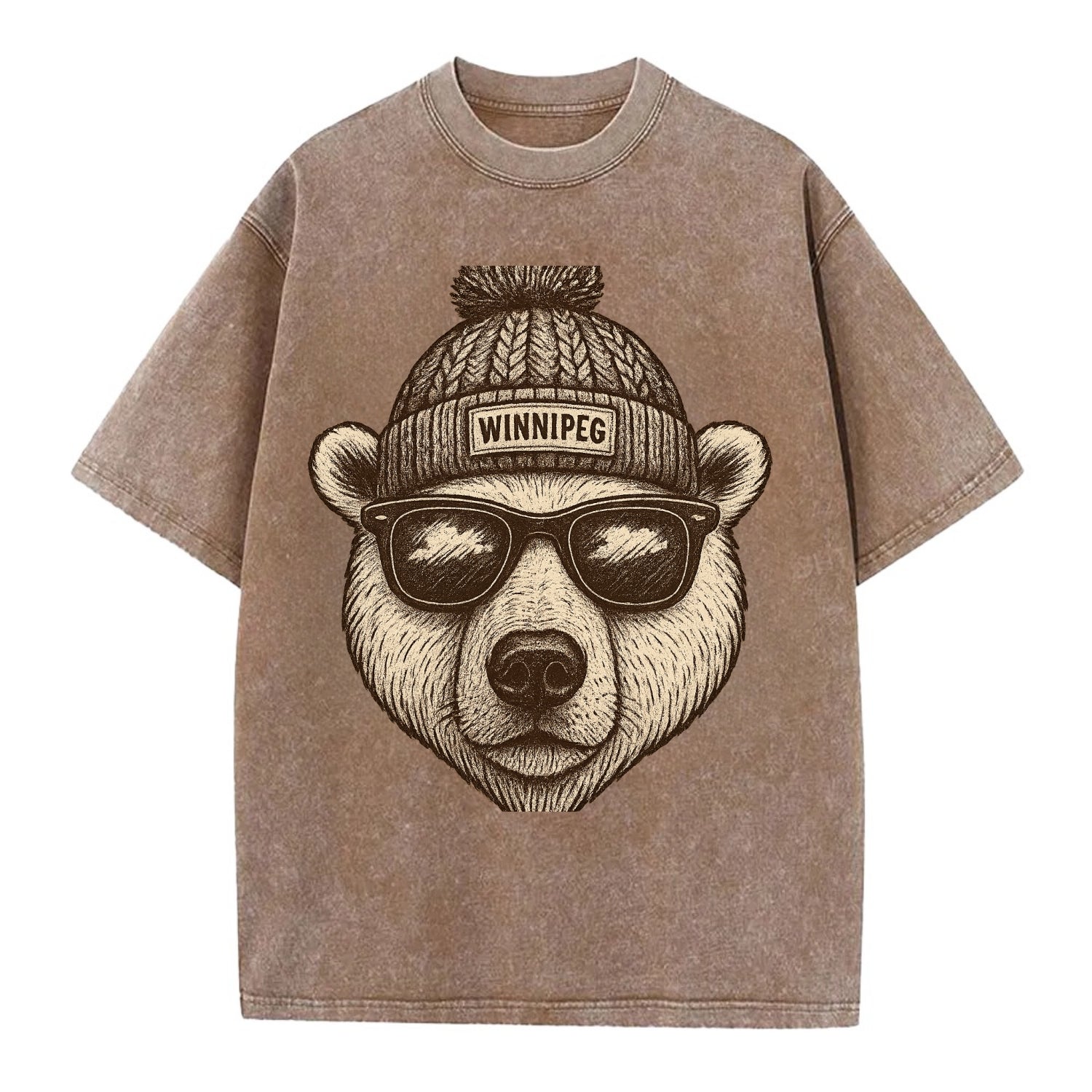 Winnipeg Polar Bear wearing Winnipeg beanie with pom pom and wayfarer sunglasses - Vintage T-shirt - Brown