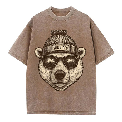 Winnipeg Polar Bear wearing Winnipeg beanie with pom pom and wayfarer sunglasses - Vintage T-shirt - Brown