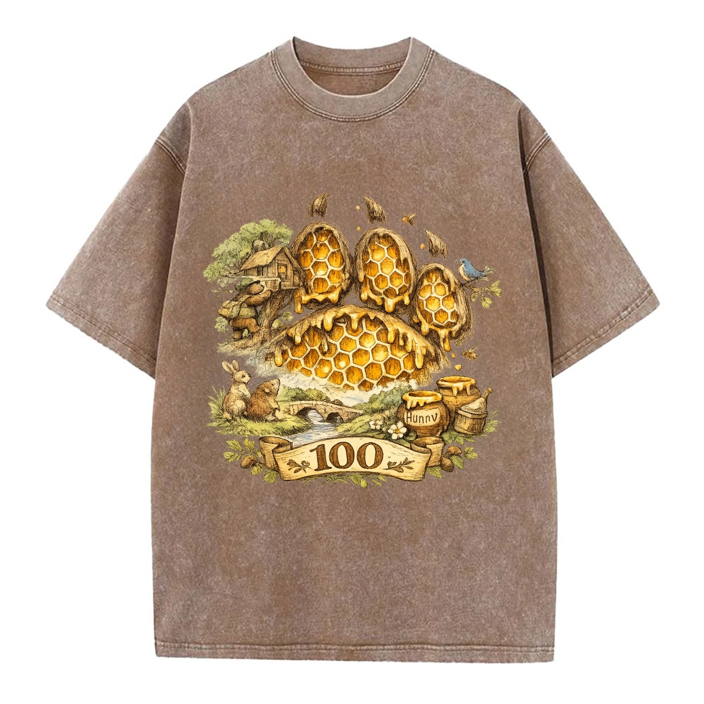 HONEY PAW | Bear paw print filled with honeycomb | Sticky evidence | Forest - Vintage T-shirt - Brown