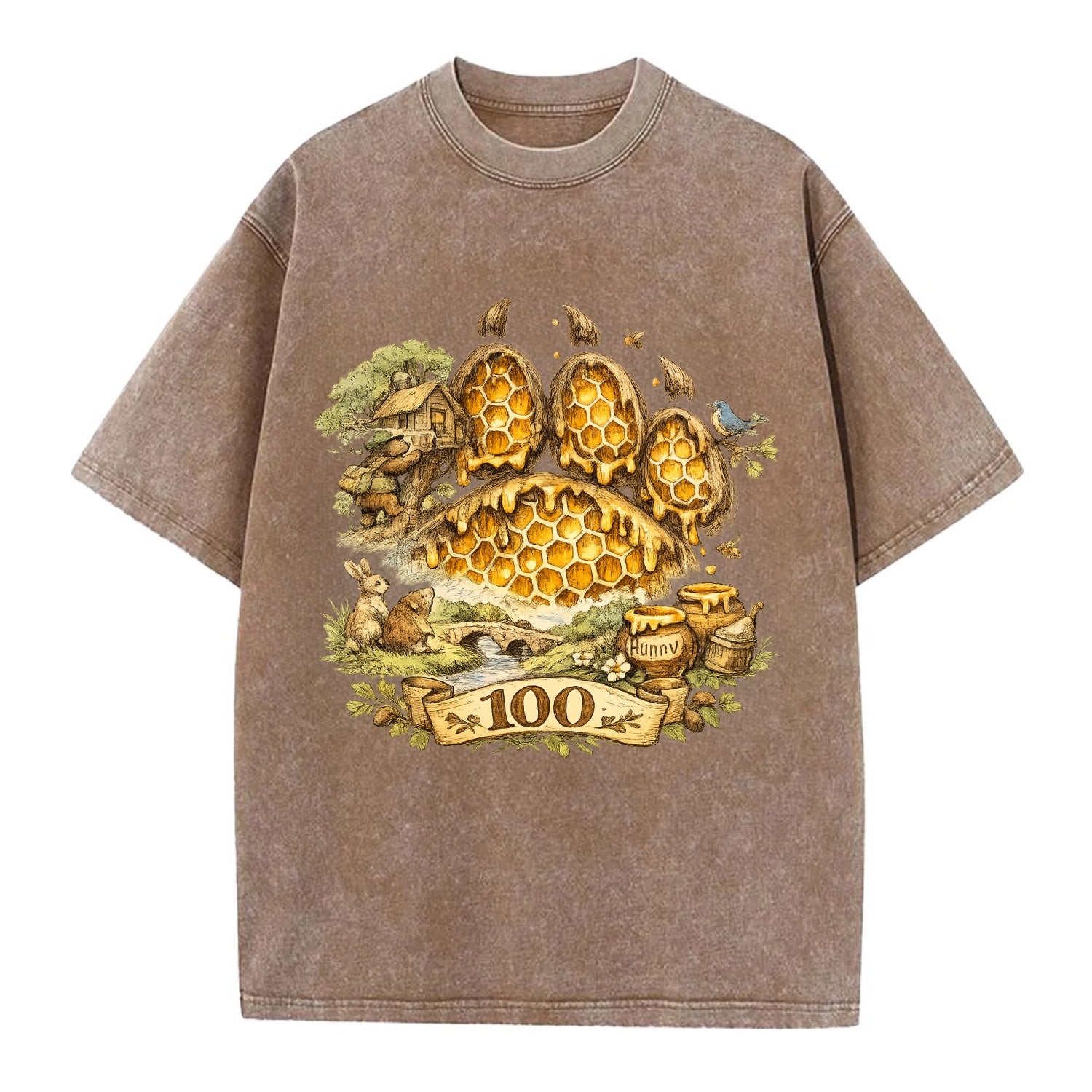 HONEY PAW | Bear paw print filled with honeycomb | Sticky evidence | Forest - Vintage T-shirt - Brown