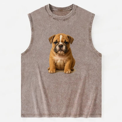 Baby Bulldog Puppy - wrinkly face, underbite, stocky body, gentle eyes, - Vintage Washed Tank - Brown
