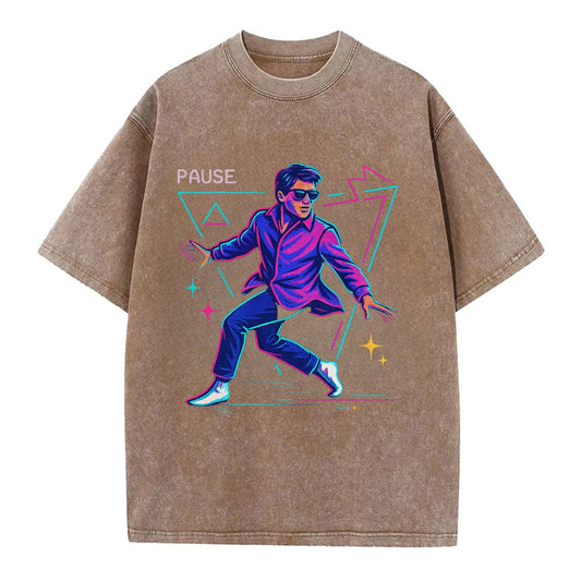 confident figure sliding across polished wooden floor in socks and sunglasses - Vintage T-shirt - Brown