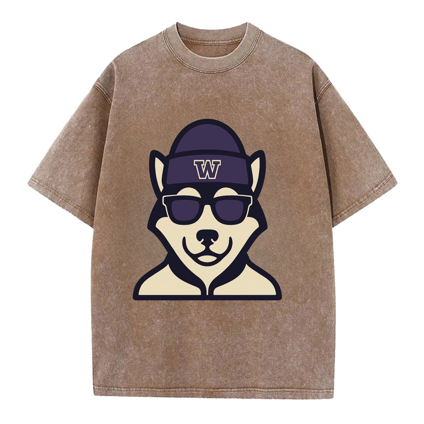 Seattle Husky wearing Washington beanie with W patch - Vintage T-shirt - Brown
