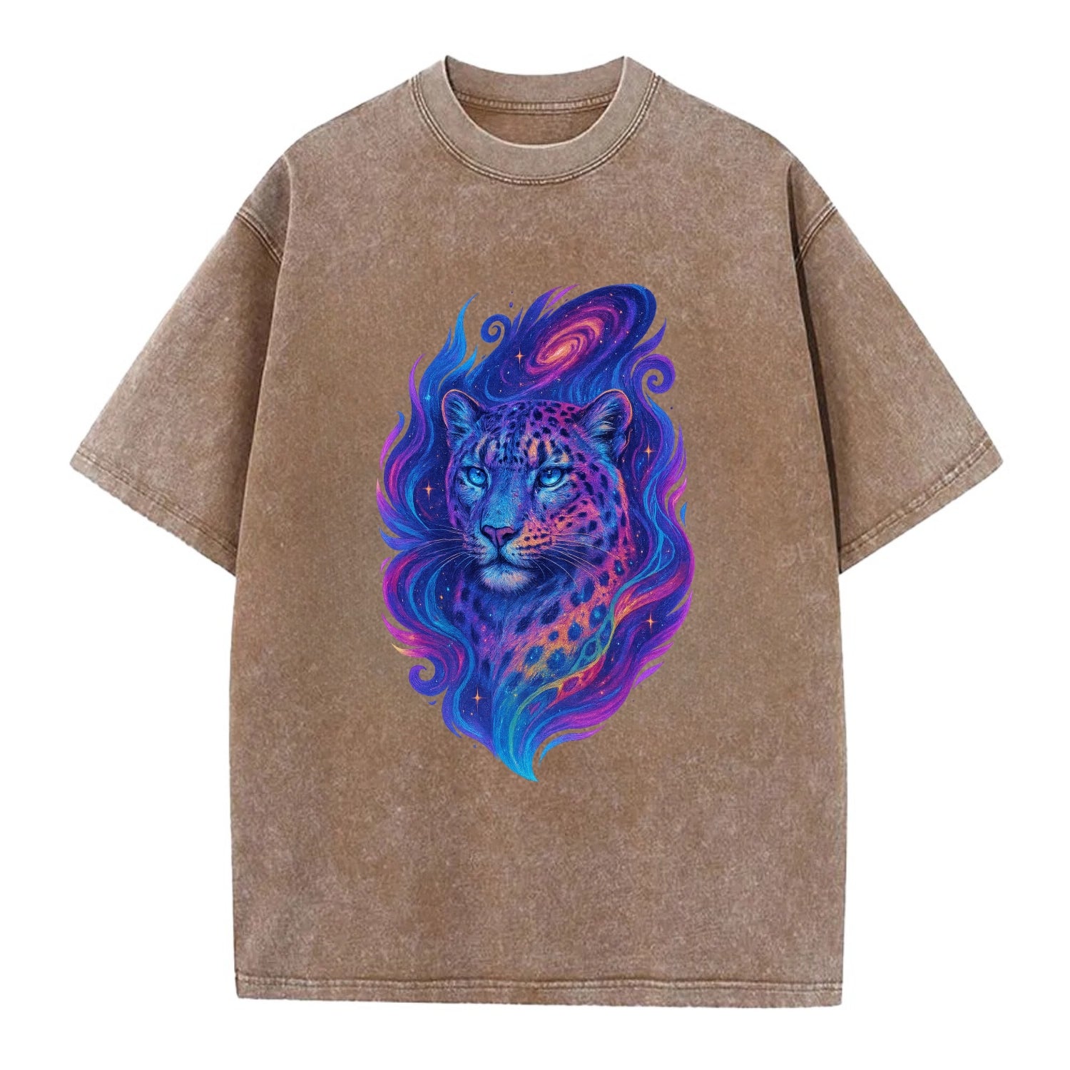 Majestic snow leopard with rainbow gradient spots, crystalline flowing patterns, - Vintage T-shirt - Brown
