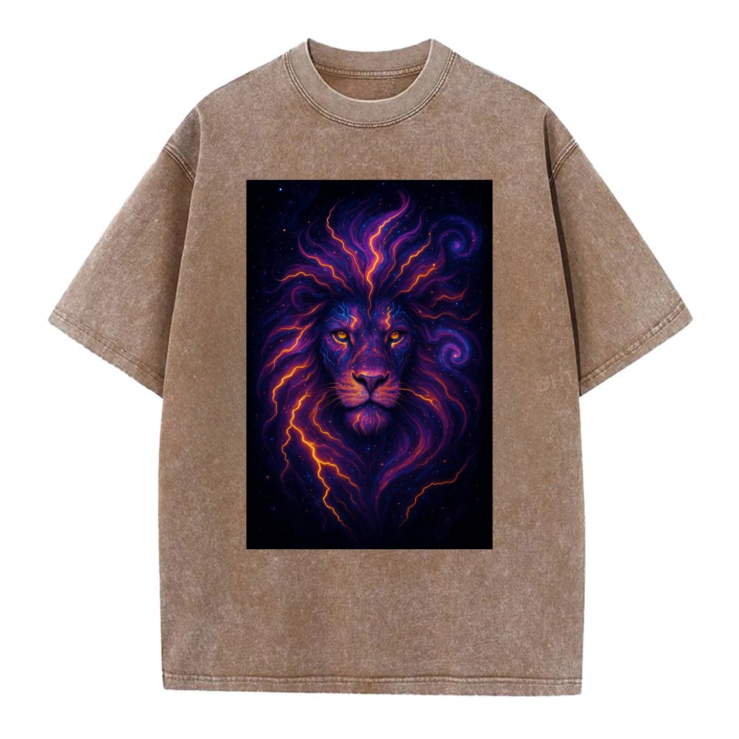 Regal lion with mane made of electric currents, neon yellow and hot pink energy - Vintage T-shirt - Brown