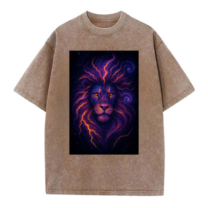 Regal lion with mane made of electric currents, neon yellow and hot pink energy - Vintage T-shirt - Brown
