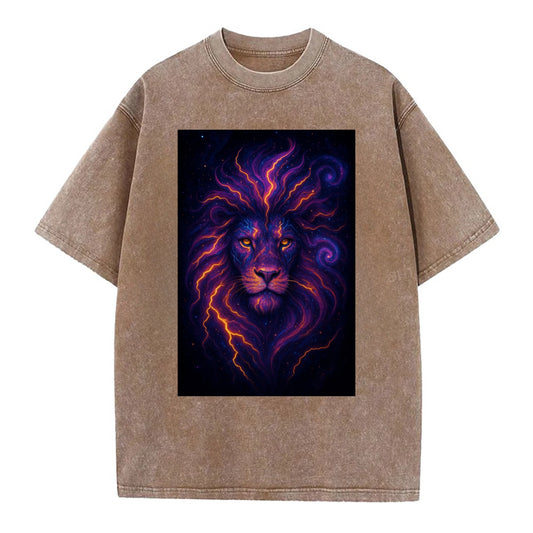 Regal lion with mane made of electric currents, neon yellow and hot pink energy - Vintage T-shirt - Brown